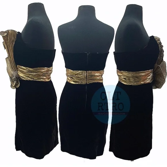 80s Avant-Garde Elegant Black and Gold Strapless Cocktail Dress - Picture 3 of 9
